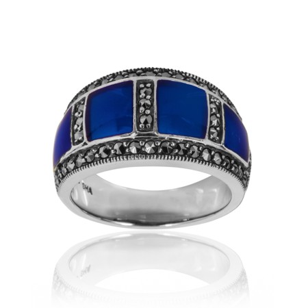 Royal Blue 4-window Marcasite Domed Ring - Click Image to Close